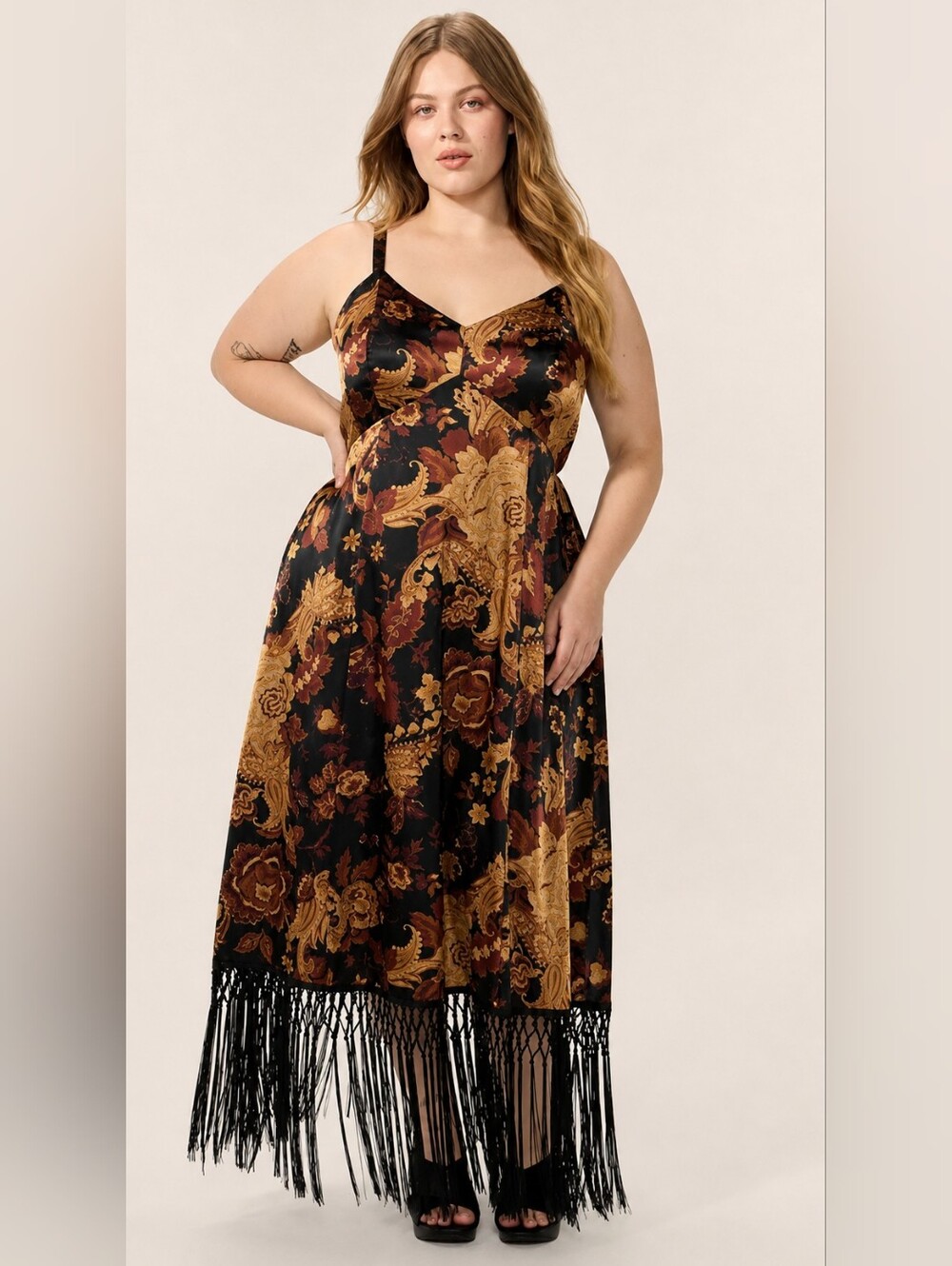 Black and Brown Floral Satin Slip Dress with Fringe